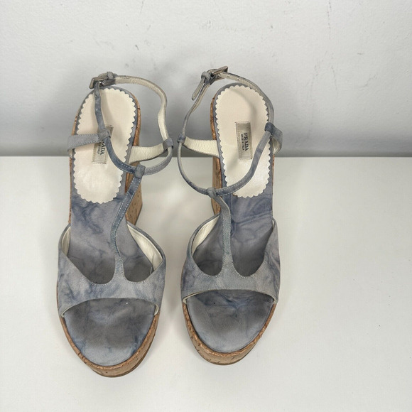 Prada Tie Dye Light Blue Suede Tan Cork Wedge Sandals Ankle Espadrilles 38 - Picture 2 of 13
